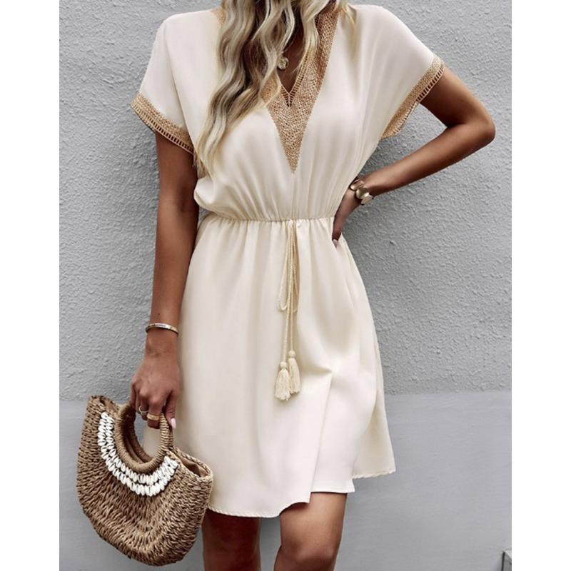 Summer Women's Dress Solid Short Sleeve Lace V-Neck Waist Dresses