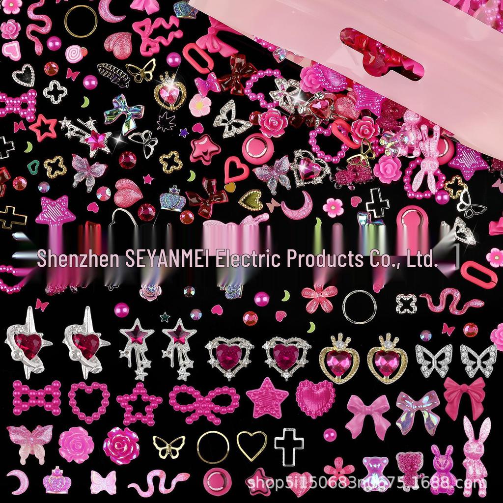 650PCS Mixed Nail Art Kit: Bows, Chrome Hearts, Pearls, Rivets, and Fairy Style Colors.