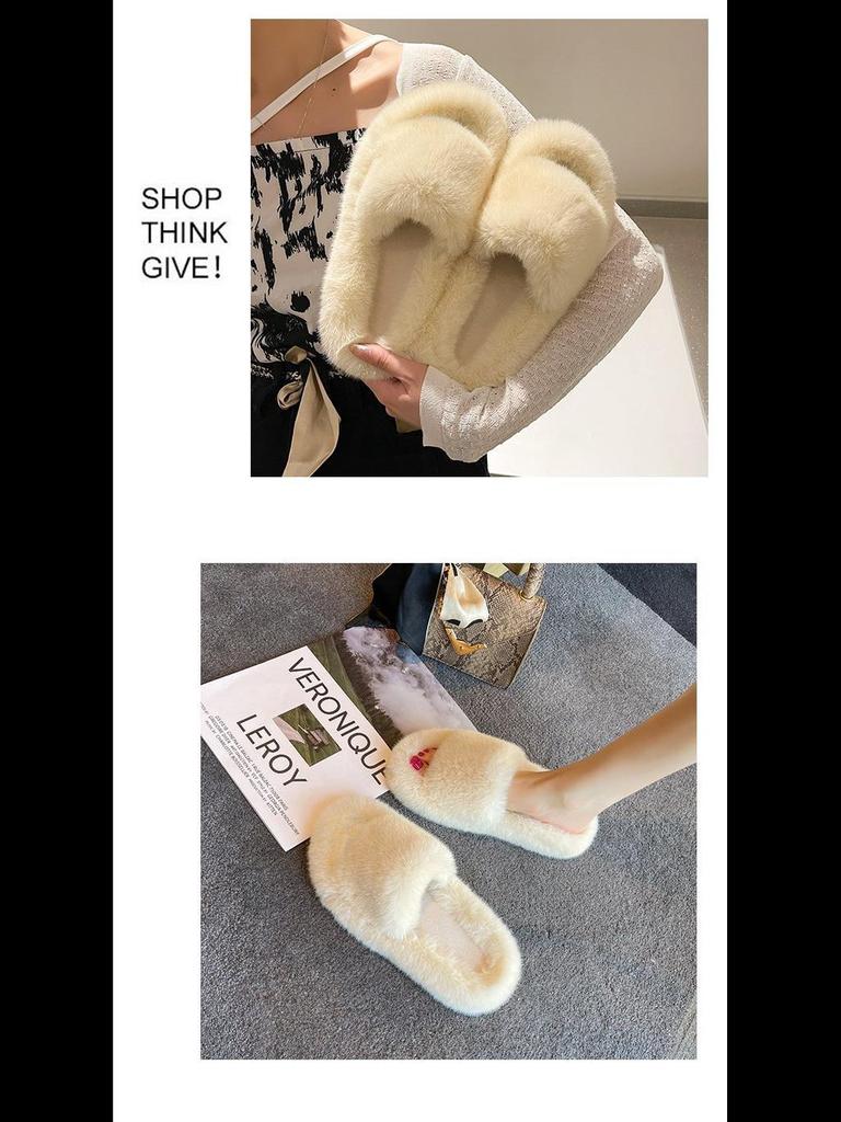 Женские меховые тапочки большого размера 42 - теплые уличные модные слипоны на осень и зиму