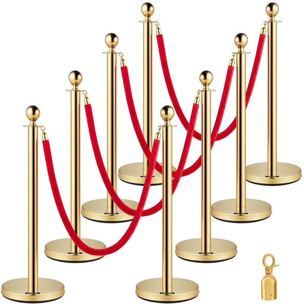 Crowd Control Stanchion, Set of 8 Pieces Stanchion Set, Stanchion Set with 5 ft/1.5 m Red Velvet Rope, Gold Crowd Control Barrier w/ Sturdy Concrete