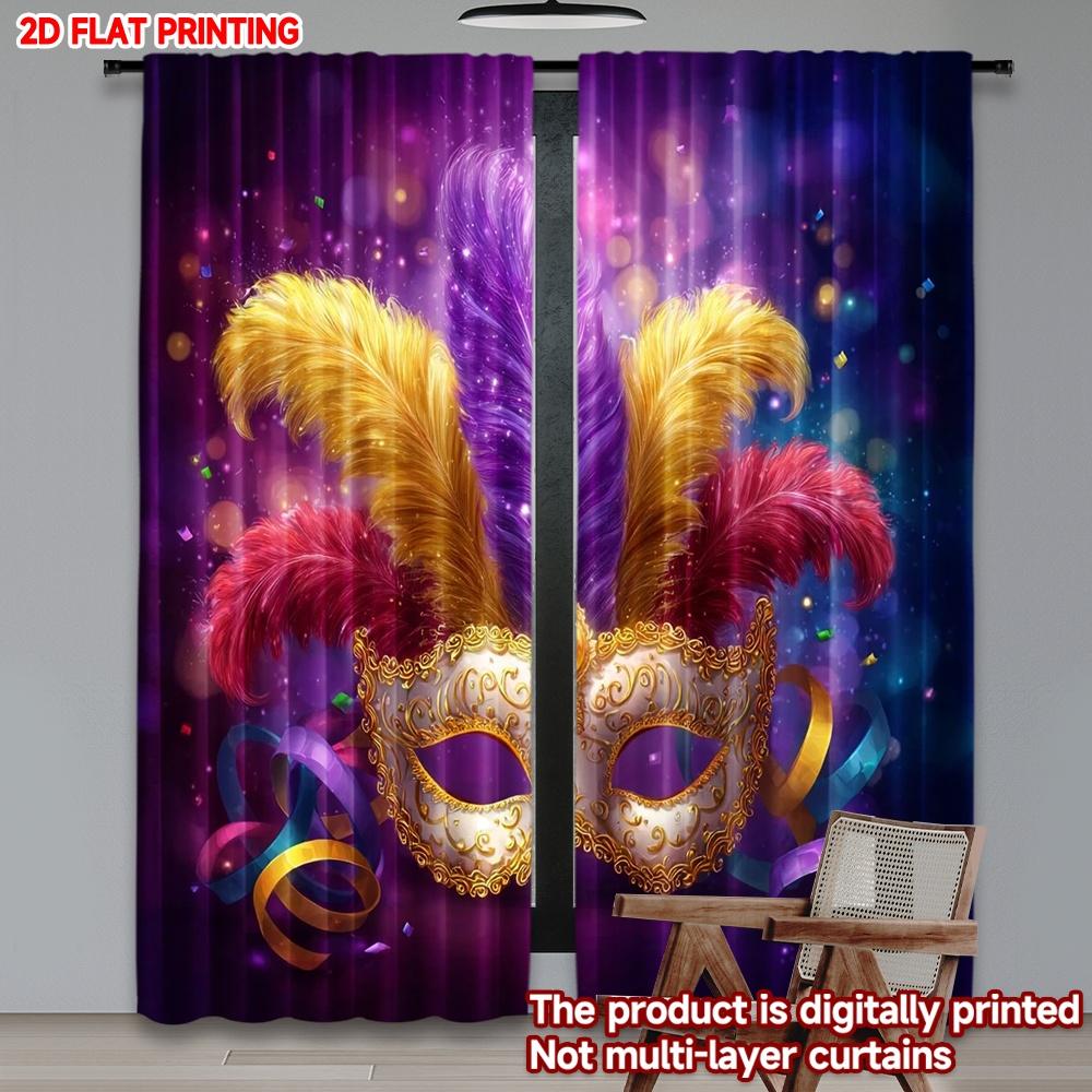 2D flat printing 2pcs Curtain Curtains Mardi Gras Festive Mask(1) Digital Printed Polyester Drapes Holiday Decorations Use for