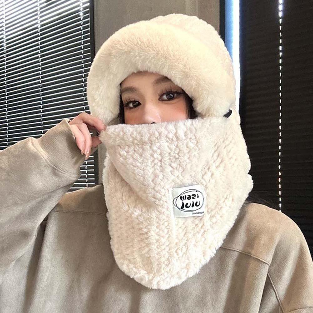 4 in 1 Winter Integrated Scarf Cap Plush Pullover Mask Cap Balaclava Hat Mask Woolen Hat Women