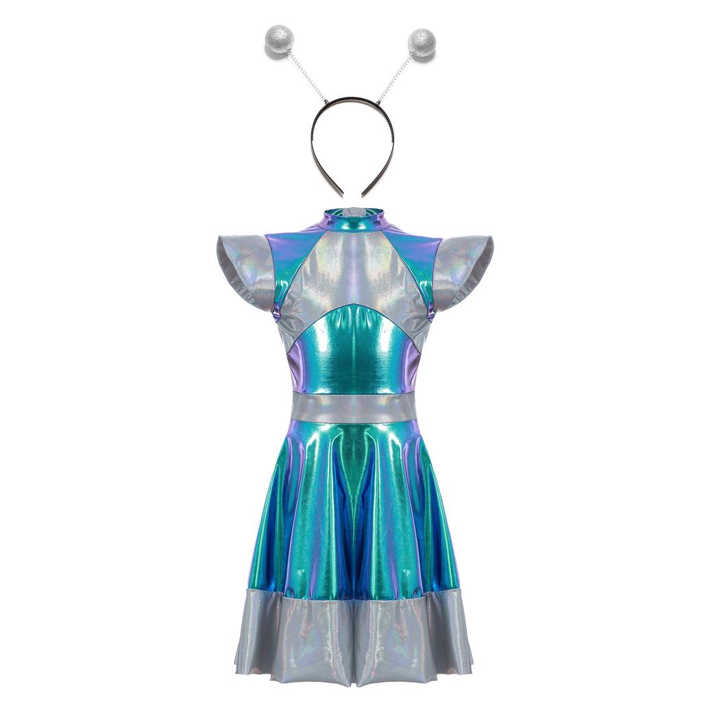 Детский костюм для косплея на Хэллоуин для девочек, космический костюм милашки, платье с забавным аксессуаром-кольцом для волос в стиле инопланетянина