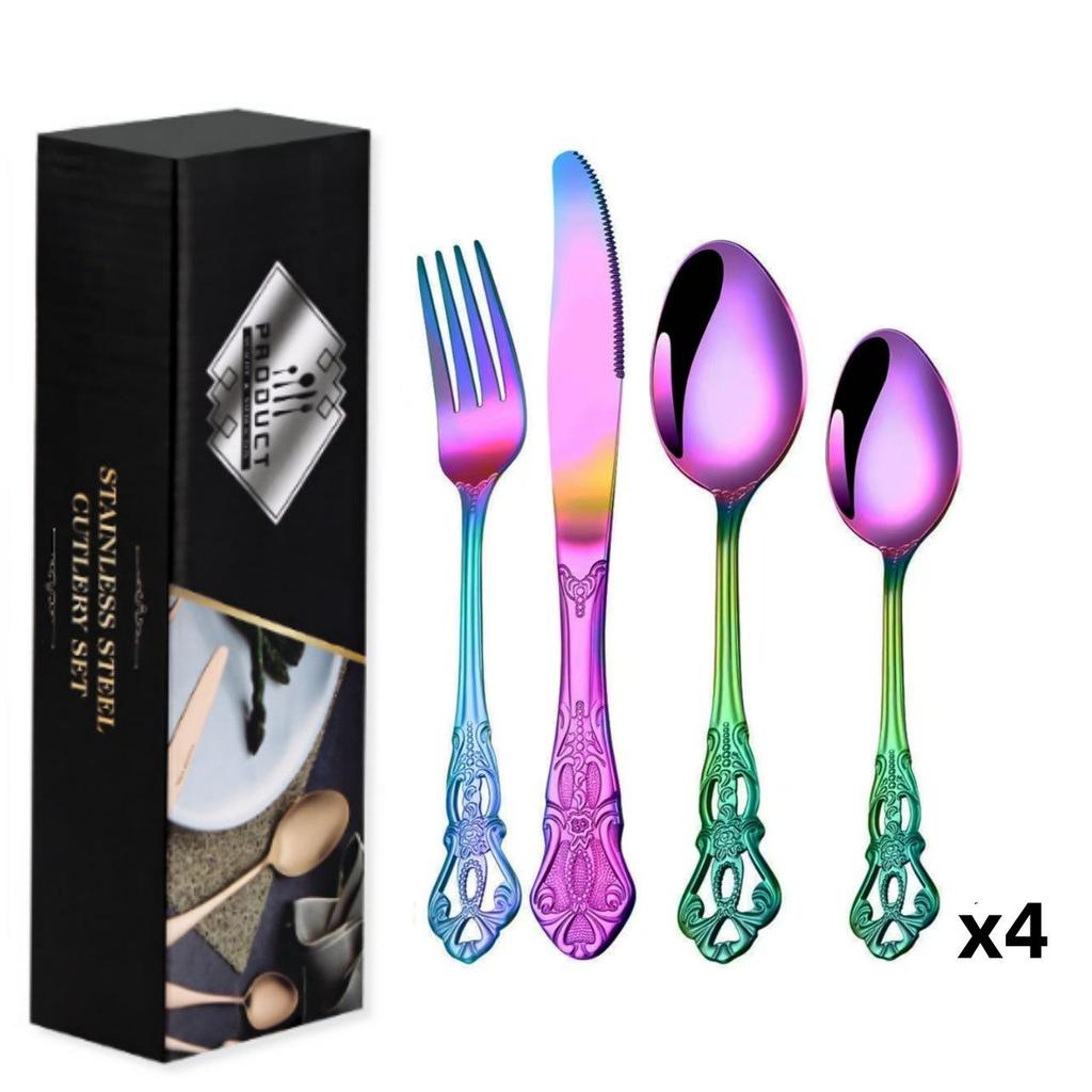 Набор столовых приборов Royal Court из 24 предметов из нержавеющей стали - Тисненые полые ножи для стейка, вилки и ложки