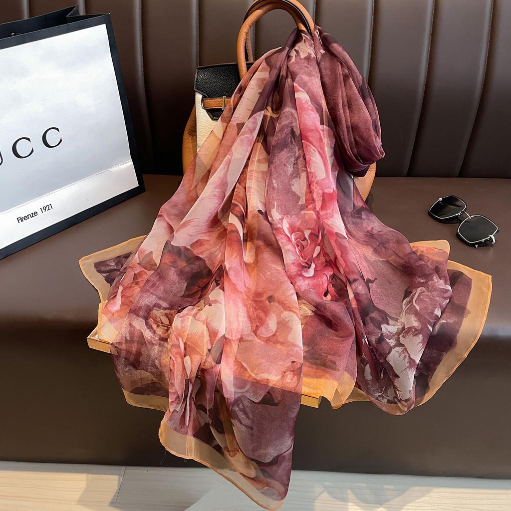 Women'S Scarf - Vibrant Red Gradient, Soft Lightweight Polyester Shawl with Feather Print, Breathable for Travel, Beach, Sun Protection