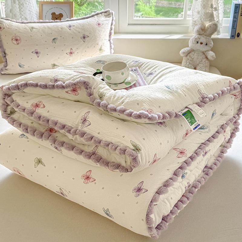 Утолщенное зимнее кружевное одеяло с помпонами – Теплый хлопок для односпального/двуспального общежития, Весна/Осень