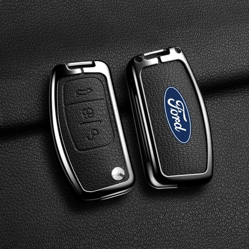 Car Sticker Hot For Ford Zinc Alloy Leather Car 3 Buttons Flip Key Case Cover Smart Remote Shell For Ford Fiesta Focus MK2 Monde
