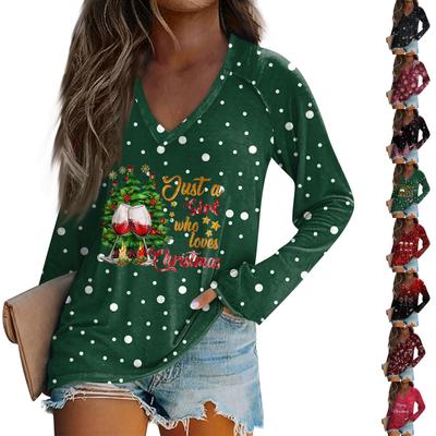 Женская повседневная мода рождественский графический принт повседневный принт длинный рукав V-образный вырез пуловер топ блузка