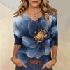 Женские топы, рубашка с рукавом три четверти, свободная повседневная рубашка с V-образным вырезом, футболка с цветочным принтом
