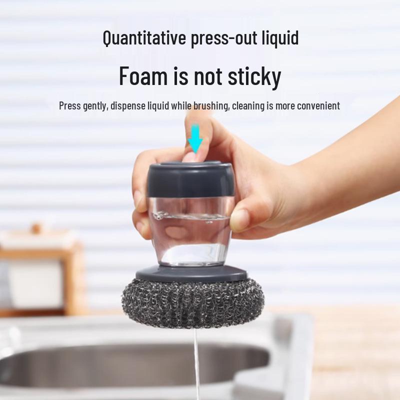 Steel Wool Press Pot Brush: Long-Handle, Multipurpose Kitchen Cleaning Brush with Dish Soap Dispenser