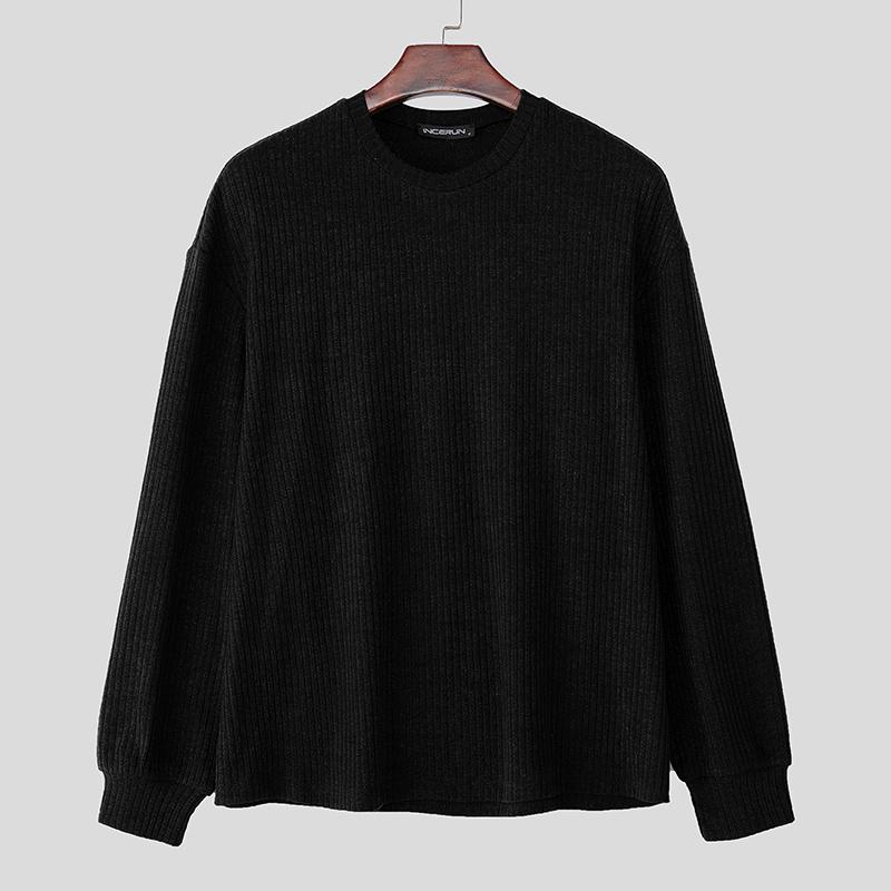 INCERUN Осенние мужские пуловеры кэжуал с круглым вырезом, длинными рукавами и текстурным рубчиком