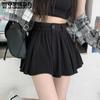 Female Summer Solid A-line Pleated Skirts Women's Elegant Elastic High Waist Slim Casual Wide Leg Black Shorts Skirt