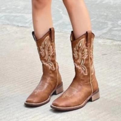 Лидер продаж 2024 года, женская обувь, женские ботинки с рукавами, весенне-осенние однотонные ботинки в стиле вестерн на низком каблуке с квадратным носком, Zapatos