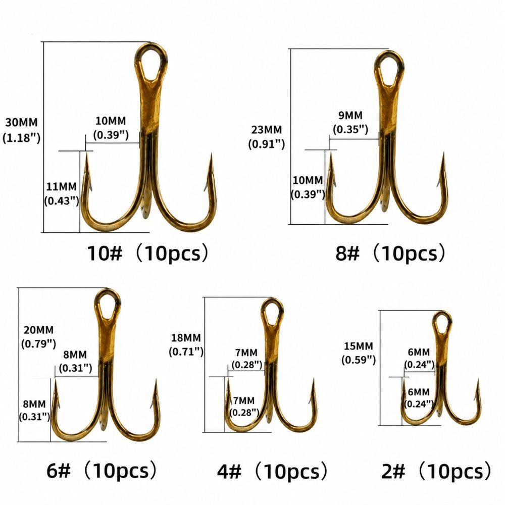 50PCS High Carbon Steel Treble Hook Set Round Bend Three Anchor Hook  Saltwater Environments