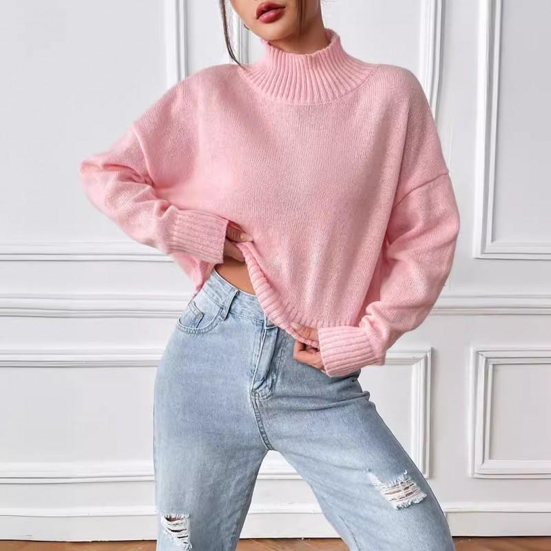 Womens Short Sweater Fall Winter High Neck Pullover Solid Color Loose Casual Basic Top M649