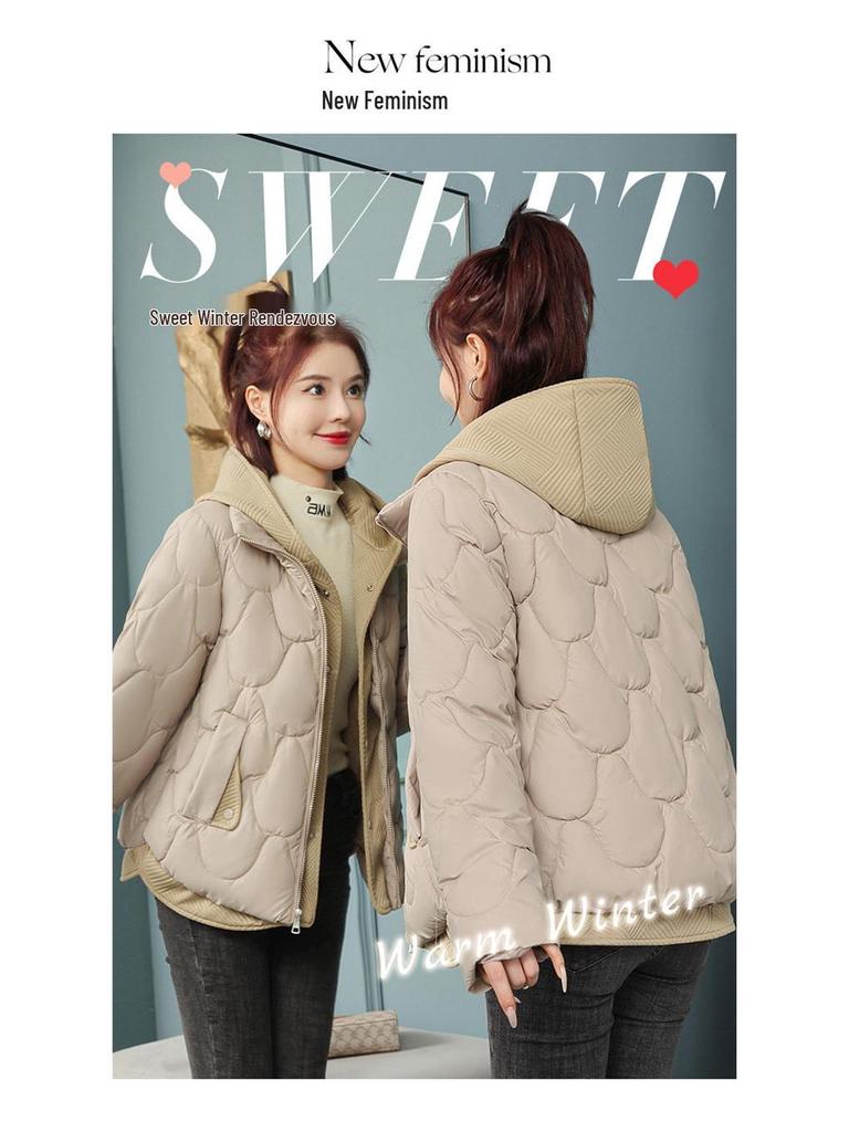 Женская зимняя пуховая хлопковая куртка: Имитация двухслойного стиля, Маленький, Короткий, Свободный крой, В корейском стиле, Дизайн пальто-булочки