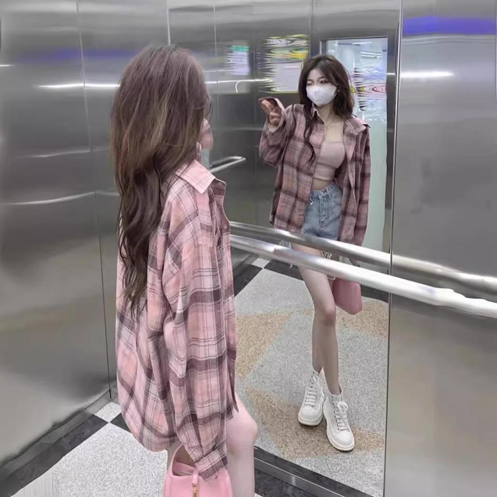 Женская розовая клетчатая рубашка-куртка с воротником поло - Лето 2024, средней длины, защита от солнца, топ с длинным рукавом