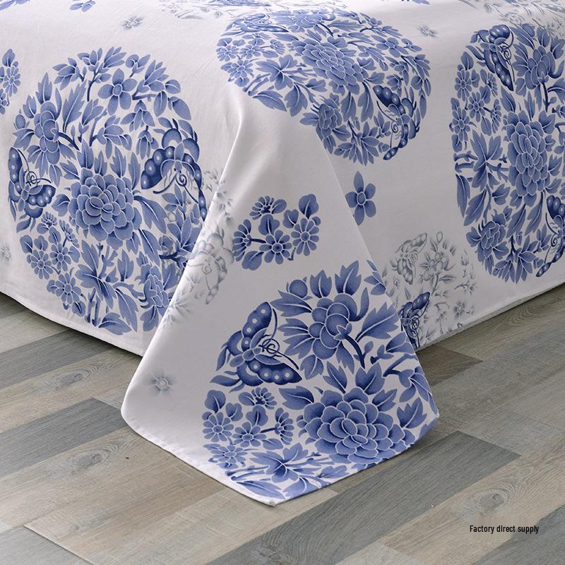 Blue and White Porcelain Canvas Bed Sheet - Single, Four Seasons
