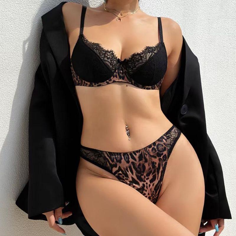 Sexy bra set with thin cotton padding, leopard-print lace bra, makes large busts appear smaller, push-up and anti-sagging, pure sensuality lingerie