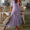 Spring Summer Casual Sweet Loose V-neck Print Hanging Beard Mid-sleeve Long Dress