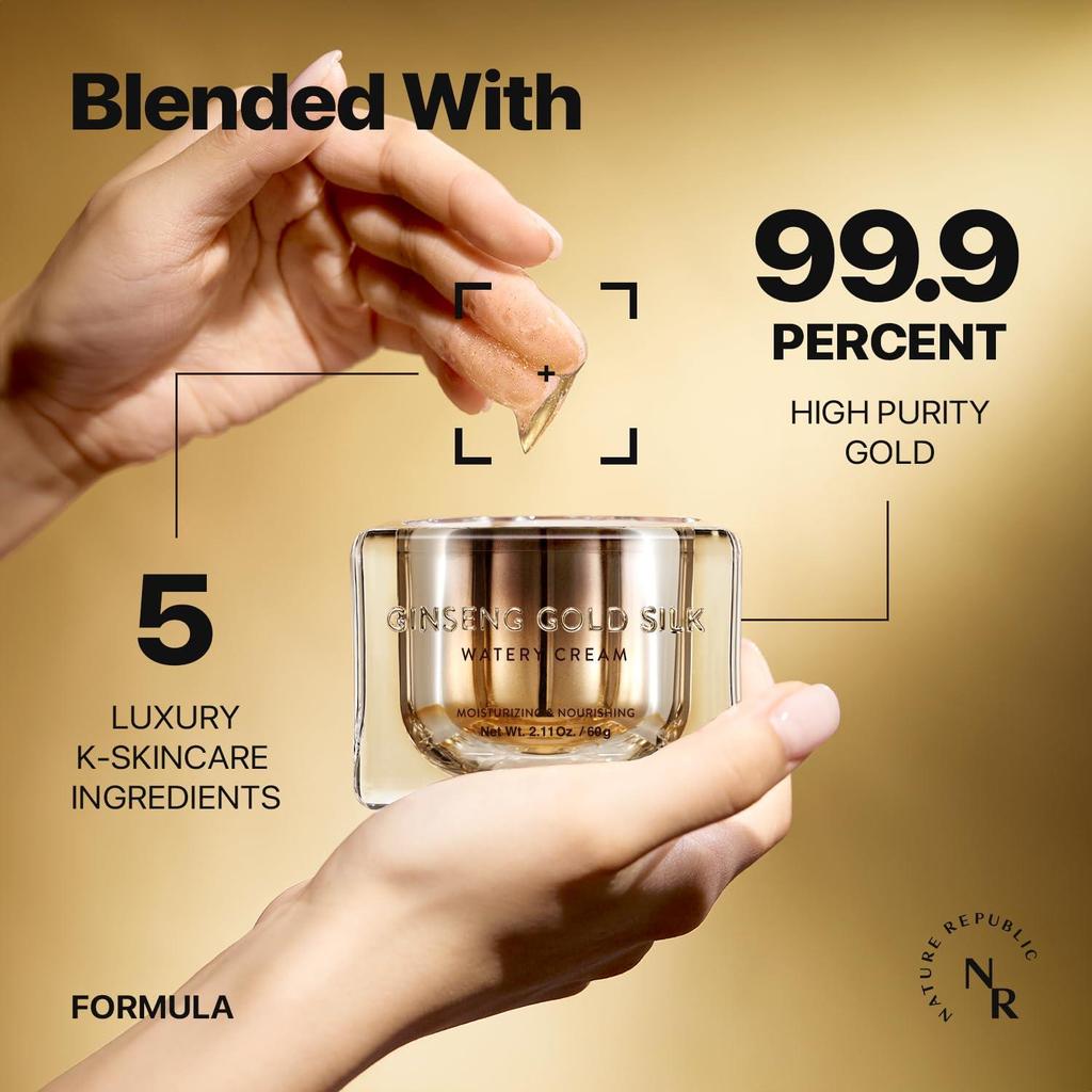 Nature Republic Женьшень, золото, шелк, водянистый крем, 2,11, 60 г, 6 лет, корейский женьшень, 99,9% чистого золота, антивозрастной увлажняющий крем, сапонины для ухода за морщинами.
