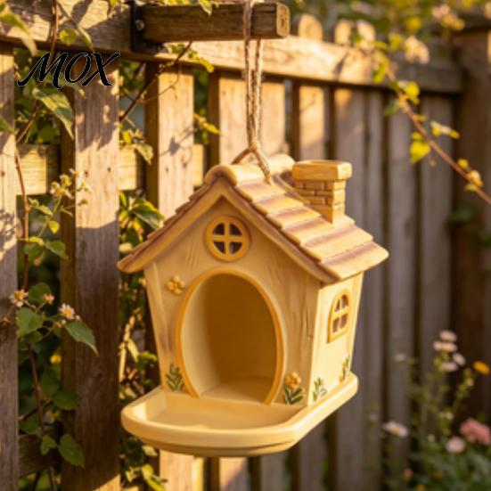 Wild Bird Gift for Gardeners House Shape Hanging Feeder Outdoor Garden Decor, Weatherproof Resin Decorative Station with Large Capacity Tray