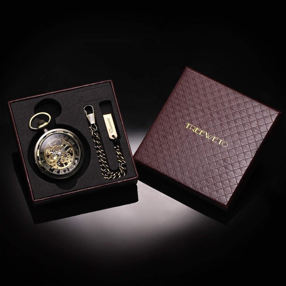 TREEWETO Pocket Watch Hand Wind Antique Mechanical Skeleton Chain Men's Bronze