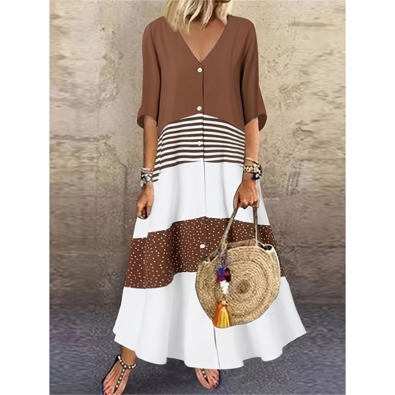 Women's New Summer V-neck Short Sleeve Pullover Long Colour Blocking Dress