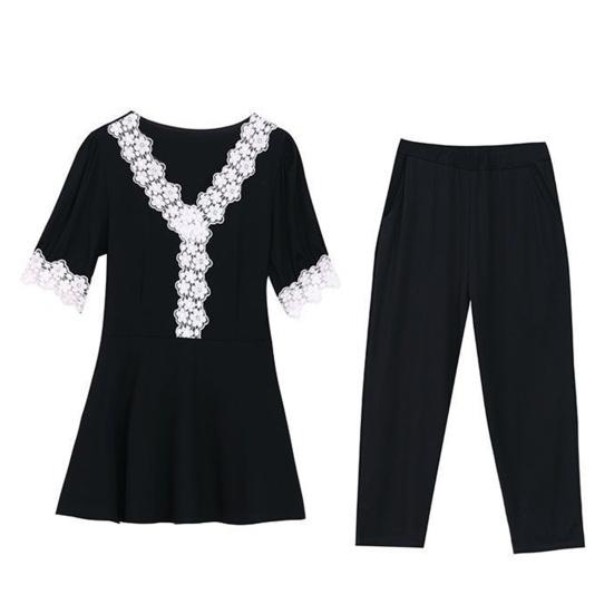 Женский летний повседневный комплект из двух предметов с V-образным вырезом, короткими рукавами, кружевной отделкой, брюками-семь четвертей, женский рабочий наряд