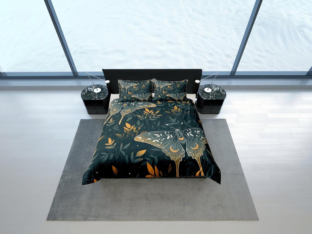 Mystical Moth Bedding Set, Dark Green and Gold Duvet Cover Set, Nature Inspired Quilt Cover, Aesthetic Bedroom Set, Botanical Bedspread