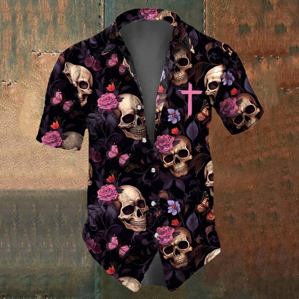 2025 Мужские рубашки с принтом черепа 3D с коротким рукавом, повседневная мужская одежда в стиле ретро, большие рубашки с черепом для мужчин