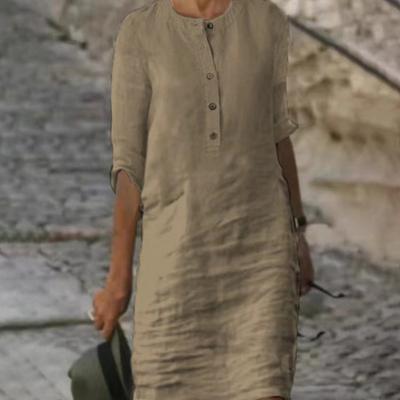 Женское летнее платье с круглым вырезом, рукавами три четверти, длиной до колена, однотонное