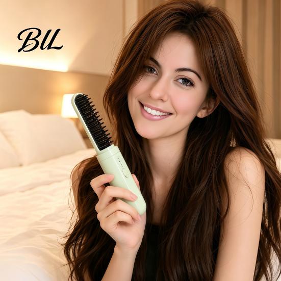 Frizz Control Hair Brush 2-in-1 Portable Straightener Brush, Curling Straightening Comb with 3 Temperature Settings, USB Rechargeable Electric
