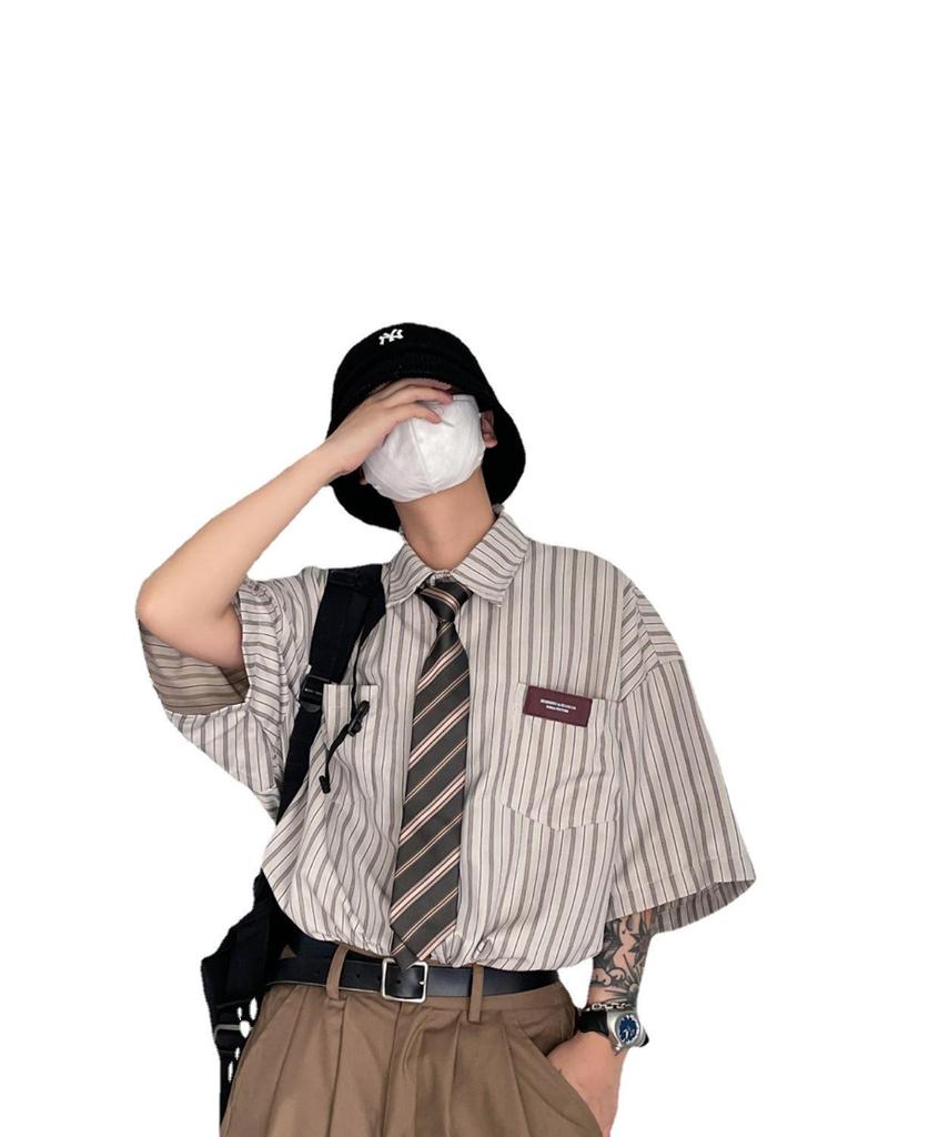 2023 Лето унисекс японский ретро полосатый лацкан короткий рукав модная рубашка