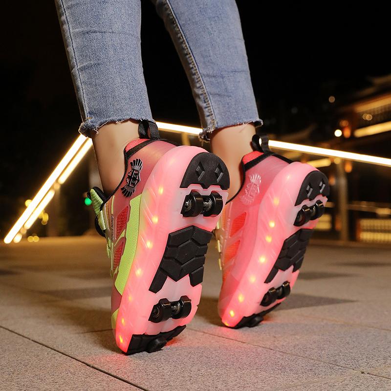 Kid's with Brake Roller Skates Removable Flat Charging LED Four Wheels Glowing Sports Shoes Women's Glowing Sneakers