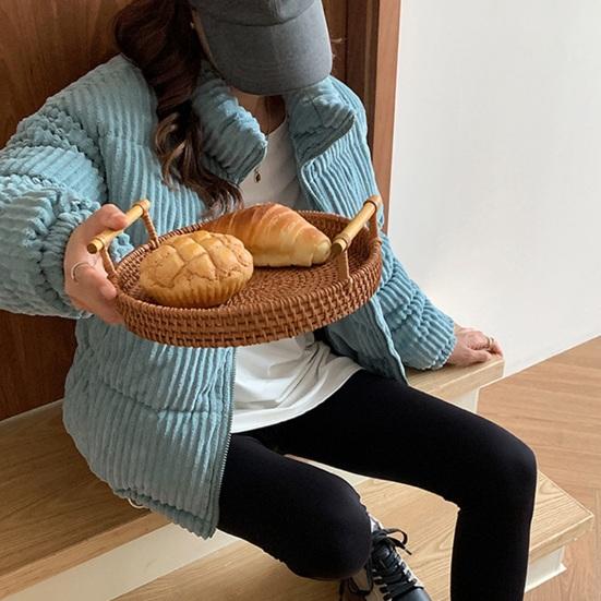 Women's Winter Jacket Corduroy Puffer Short Down Jacket Warm Quilted Cotton Coat Stand Collar Outerwear for