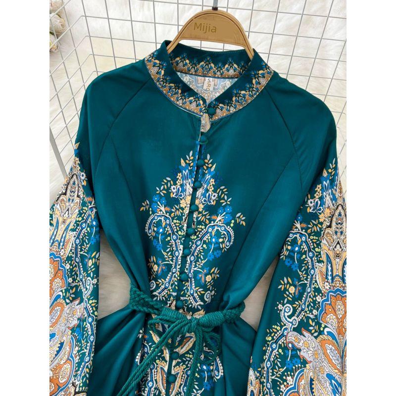 Retro Lantern Long Sleeve Stand Collar Elegance Print Dress