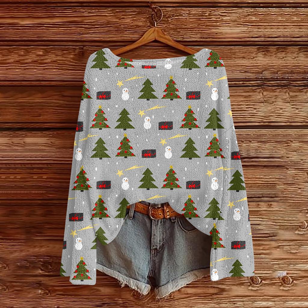 Women's Fashionable Oversized Knitwear Long-Sleeved Christmas Print Top