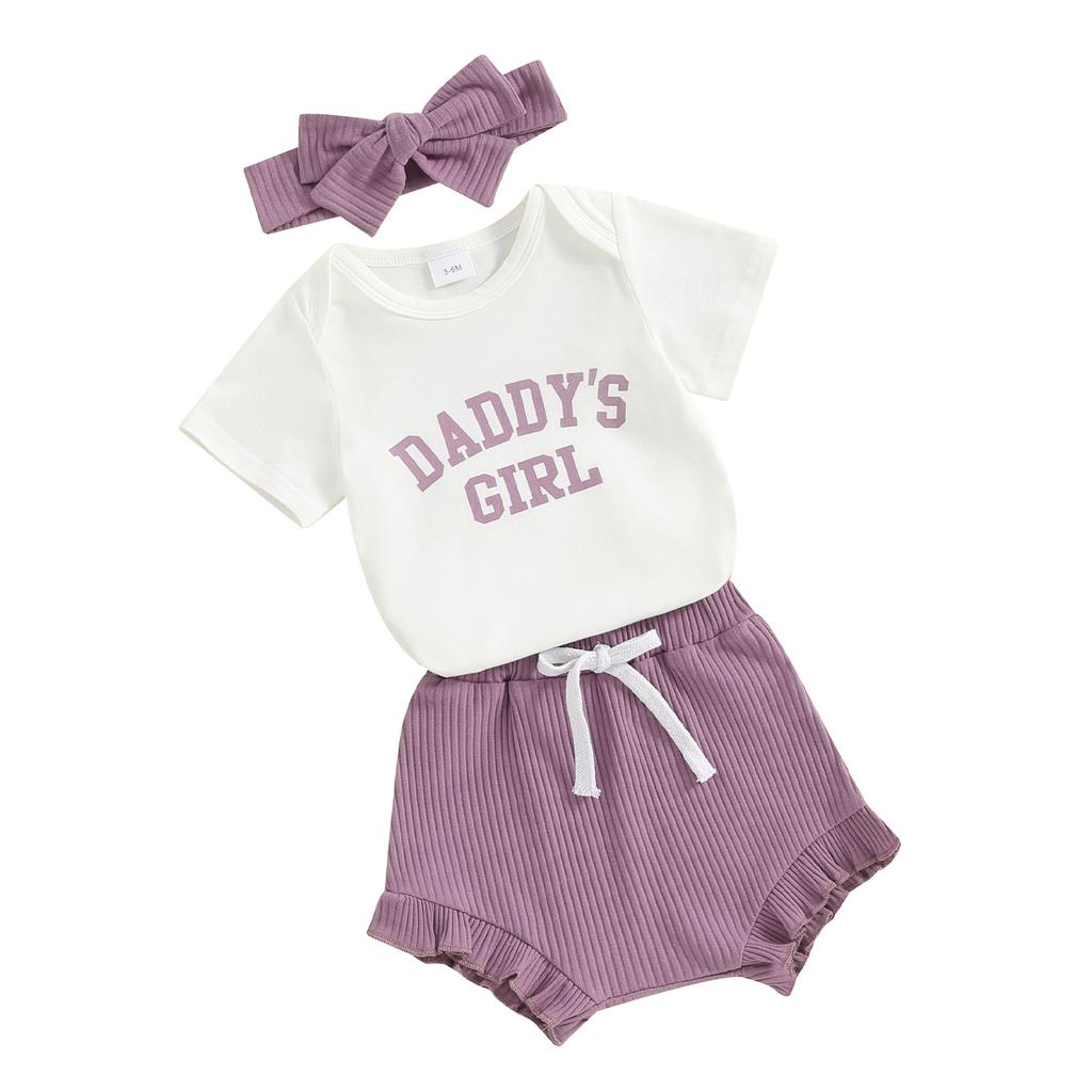 Baby Girls Shorts Set, Short Sleeve Letters Print Romper Elastic Waist Shorts with Hairband Summer Outfit
