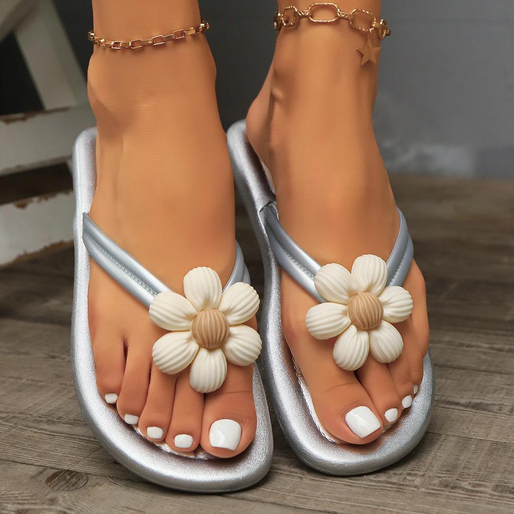 Мода 2024 Лето Повседневная мода Цветочные Украшенные Плоские Сандалии Однотонные Элегантные и Удобные Открытые Носки Противоскользящие Женские Тапочки