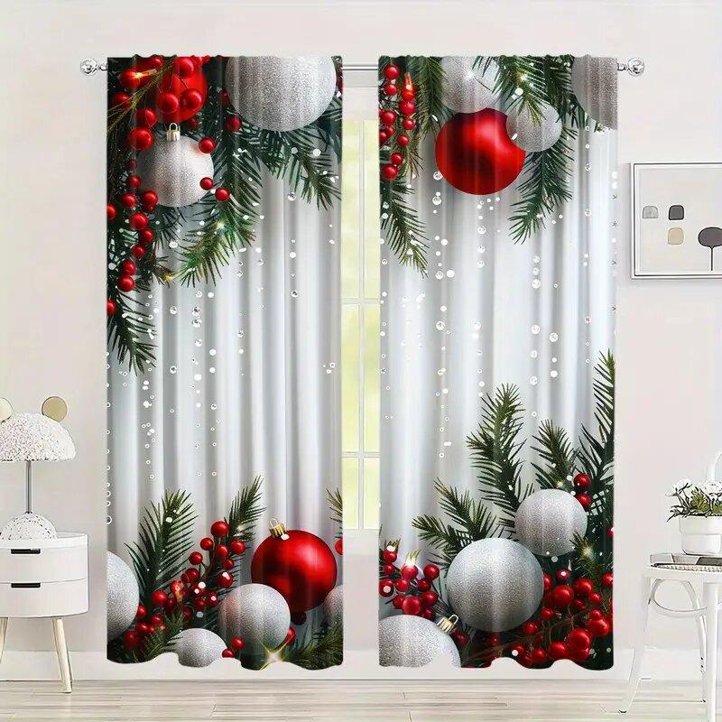 Set Of 2 Christmas Curtains Polyester Printed Tree Home Decoration Room Made