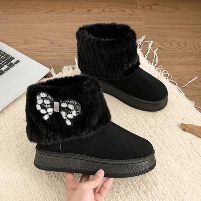 Женские замшевые ботильоны на платформе с бриллиантами и бантом, теплые меховые ботинки на меху, зимние короткие плюшевые ботинки челси 2025 года, повседневные женские ботинки