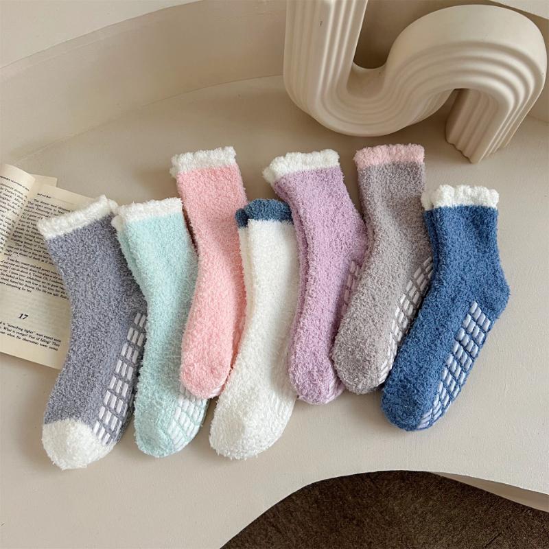 6 Pairs Women's Non-Slip Thermal Fleece Socks Winter Thick Floor Socks Solid Color Mix Soft Polyester One Size Color As Same As The Picture