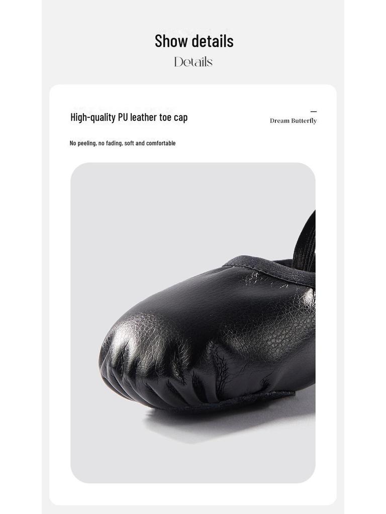 Women's Soft Sole Ballet Dance Shoes, Black PU Leather, Two-Point Bottom