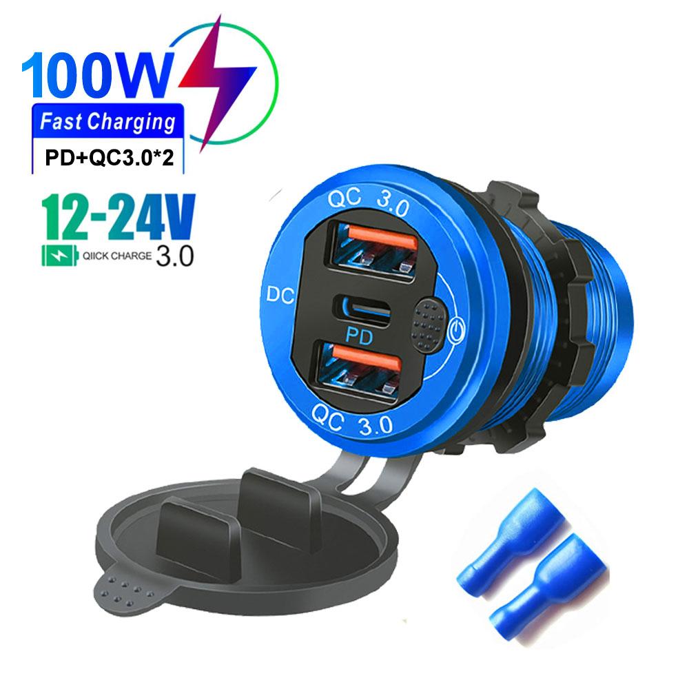 Новейшее автомобильное зарядное устройство QC 3.0 алюминиевое 12 В/24 В автомобильное зарядное устройство с 3 портами адаптер с переключателем PD Type C тройное быстрое зарядное устройство