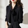 2025 Summer Korean-Style Long Sleeve Ribbon Bow Shirt for Women