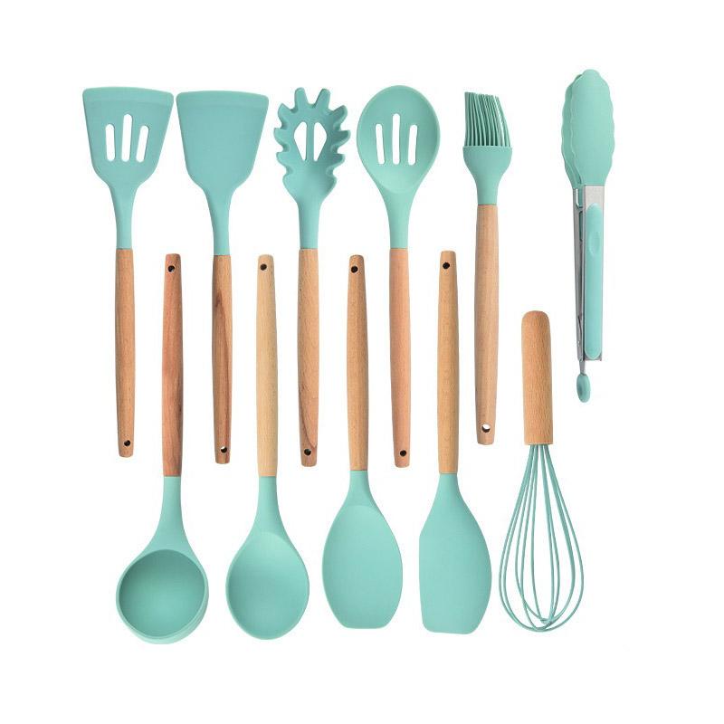 Силиконовые кухонные принадлежности с антипригарным покрытием, набор кухонных принадлежностей, лопатка, лопатка, венчики для яиц, деревянная ручка, набор кухонных инструментов для приготовления пищи