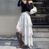 Женская белая асимметричная многоярусная юбка макси с кружевной отделкой - Эластичная талия, завышенная талия, осеннее платье с оборками