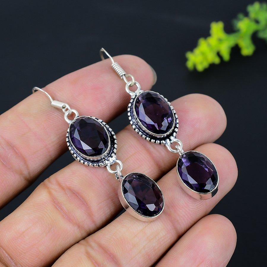 Аметист Драгоценный камень 925 Стерлинговое серебро Подарок Ювелирное изделие Серьга 2.32"