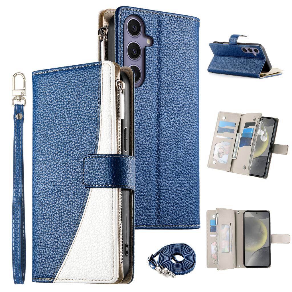 For Samsung Galaxy S25+/S24+ Case Zipper Wallet Color Splicing Leather Flip Phone Cover with Straps